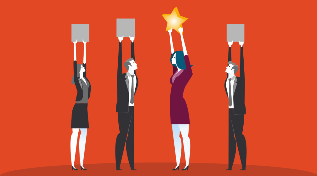 business concept illustration 4 people holding something above their heads