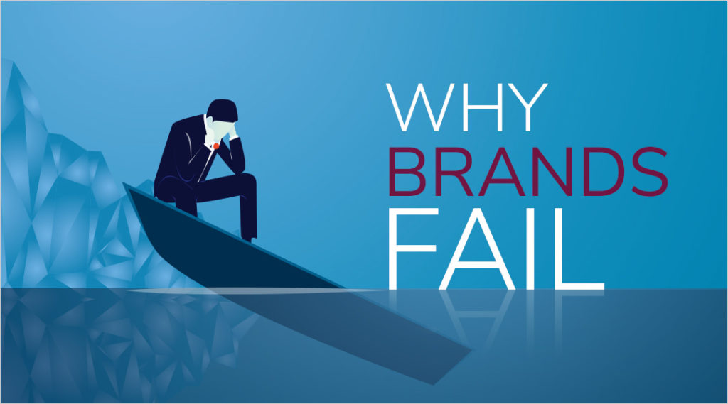 illustration of a business man in a sinking boat with the title why brands fail